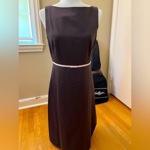 Chocolate brown a line business dress with pink grosgrain ribbon at waist